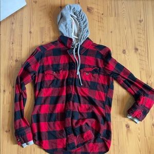 Hooded full zip red and black plaid jacket